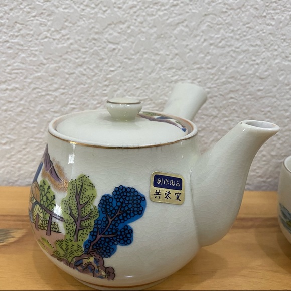 Vintage Japanese Kyusu Hand-painted Teapot Village Scene Teapot & 5 Cups Set - Picture 10 of 15